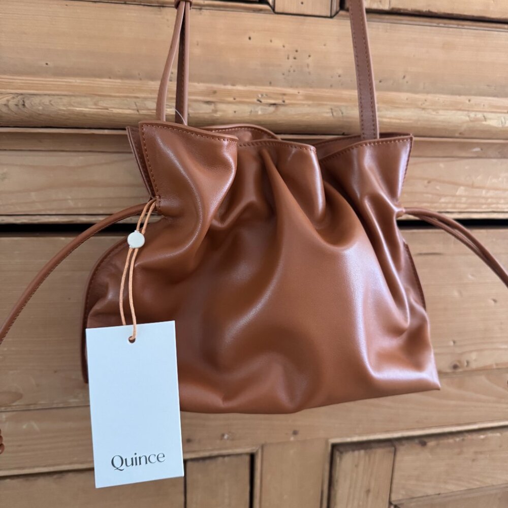 Quince Tan Leather Shoulder Bag with Elegant Gathered Design